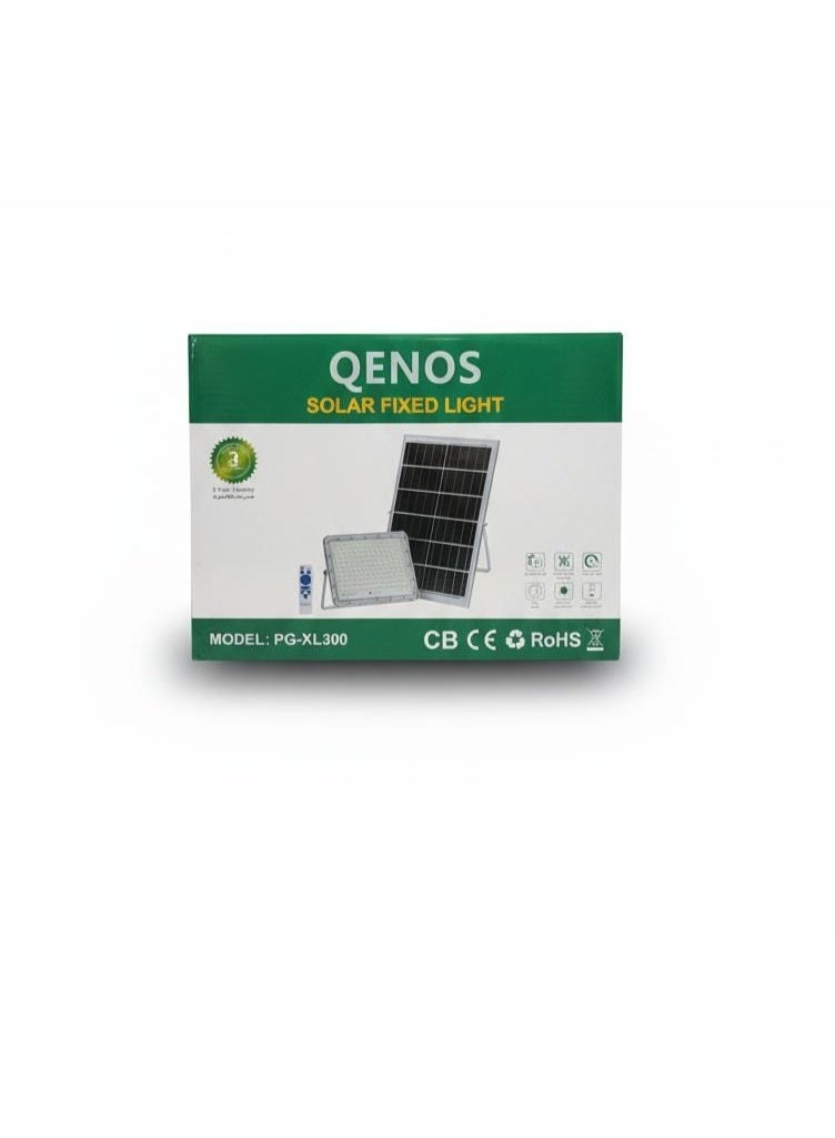 Qenos 300W Solar Powered Outdoor LED Flood Light with Solar Panel and Remote Control - White 6500K - Image 2