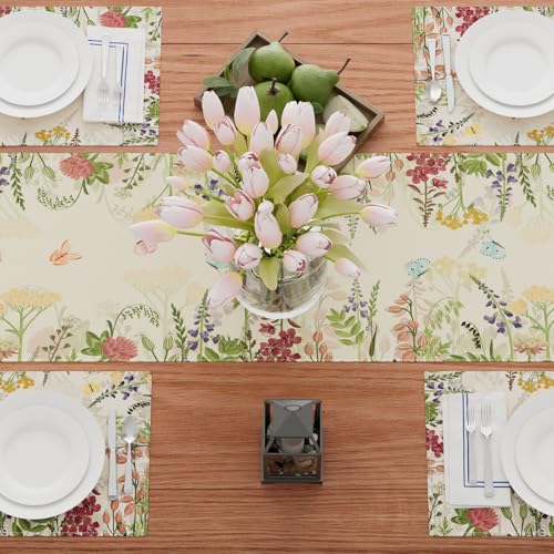 XCHI Wildflowers Grass Hummingbirds Spring Table Runner Summer Table Decoration for Party Home Kitchen Dining Holiday Decor 13x72 Inch - Image 4