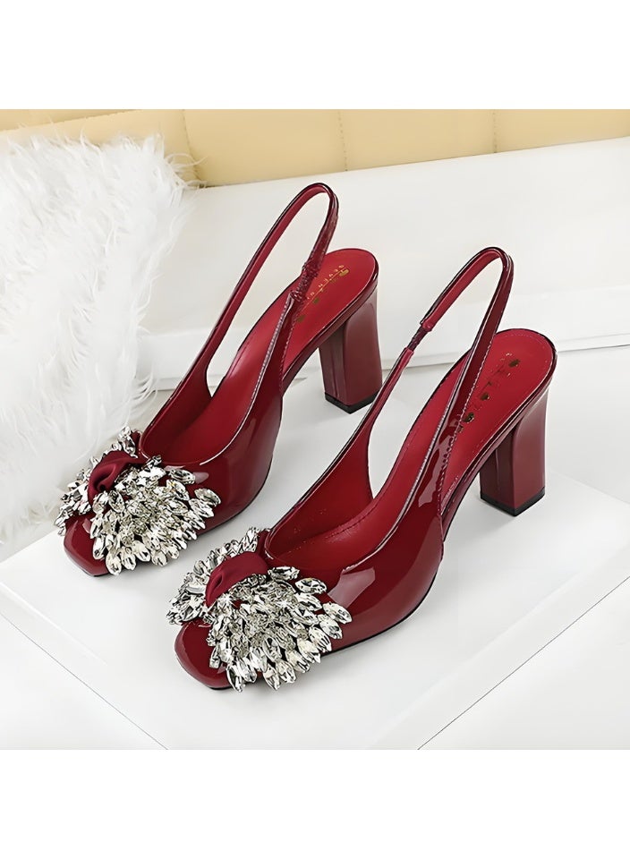 BIGTREE Women's Rhinestone Closed Square Toe Pumps Slingback High Heels With Straps Sandals Wine Red 8.5CM - Image 1