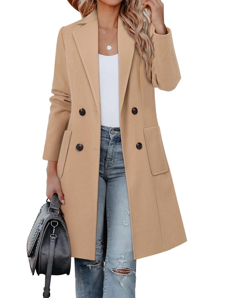 CHICZONE Notch Lapel Long Jackets for Women Dressy Double Breasted Wool Pea Coat Winter Overcoat Camel M - Image 1