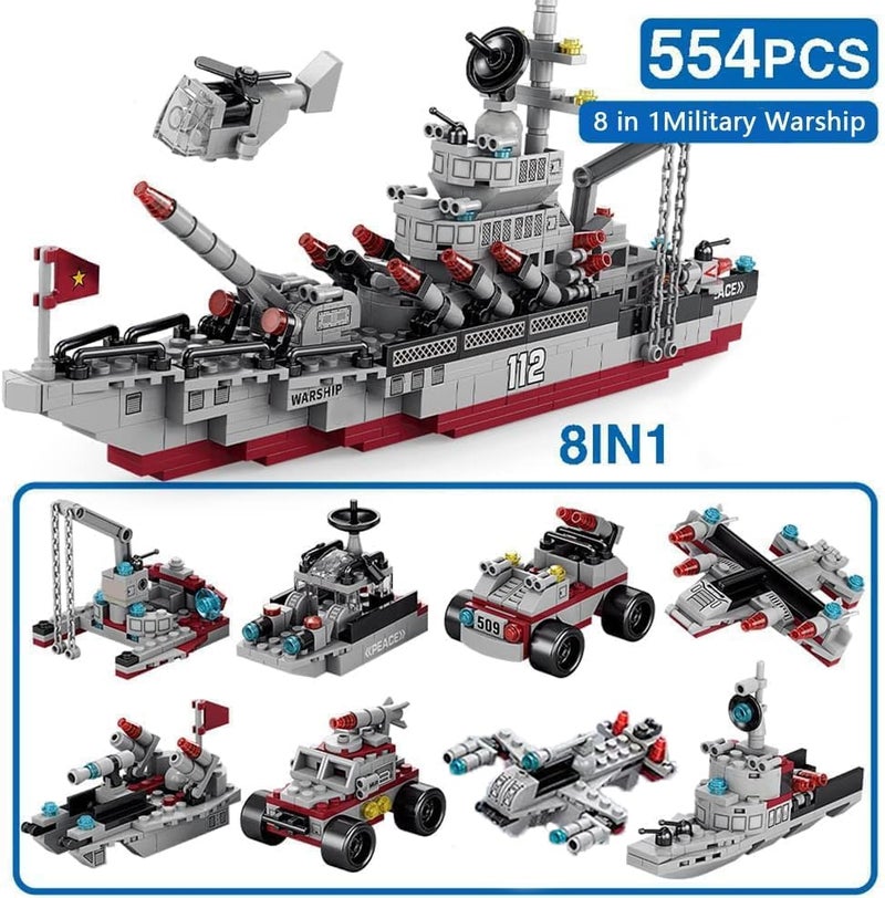 ENHANA Building Block Warship 25 in1 Battleship Building Kits for Kids City Helicopter Military Ship Bricks Kit Educational Toys for Boys Age 6 7 8 9 10 11 12 Years Old 554PCS - Image 2