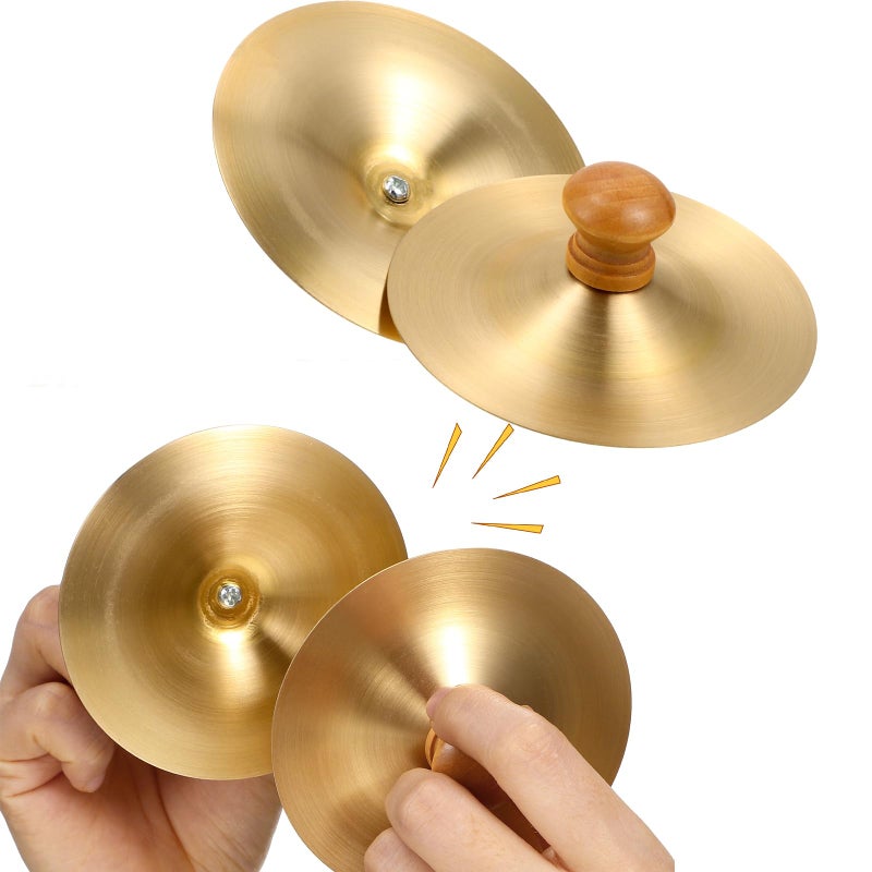 Vaguelly Finger Cymbals with Wooden Handles, 1 Pair Copper Band Cymbals, 9cm/3.5in Mini Marching Cymbals, Hand Cymbal Belly Dance, Orff Music Instrument for Child & Adult - Image 1