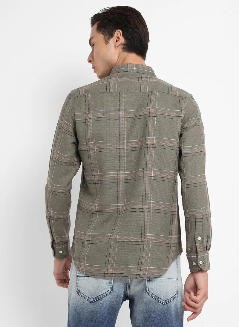Campus Sutra Men's Olive Green Maxi Tartan Plaid Shirt