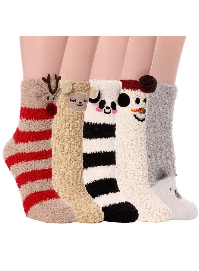PROETRADE ProEtrade Fuzzy Socks for Women Teen Girls Fluffy Cozy Christmas Gift Cabin Holiday Winter Warm Fleece Thick Comfy Slipper Home Plush Cute Snowman Fun Soft Socks Stocking Stuffer (Animal (5 Pairs))  - Image 1