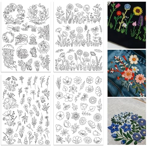 ORIGACH 4 Sheets 105 Pcs Water Soluble Embroidery Patterns Stabilizers - Pre-Printed Floral, Flowering Shrubs & Leaves Designs - Stick & Stitch Embroidery Paper for Hand Sewing Lovers - Image 1