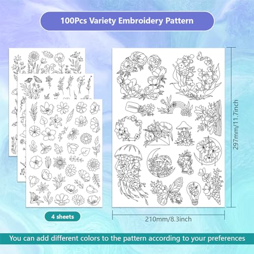 ORIGACH 4 Sheets 105 Pcs Water Soluble Embroidery Patterns Stabilizers - Pre-Printed Floral, Flowering Shrubs & Leaves Designs - Stick & Stitch Embroidery Paper for Hand Sewing Lovers - Image 2
