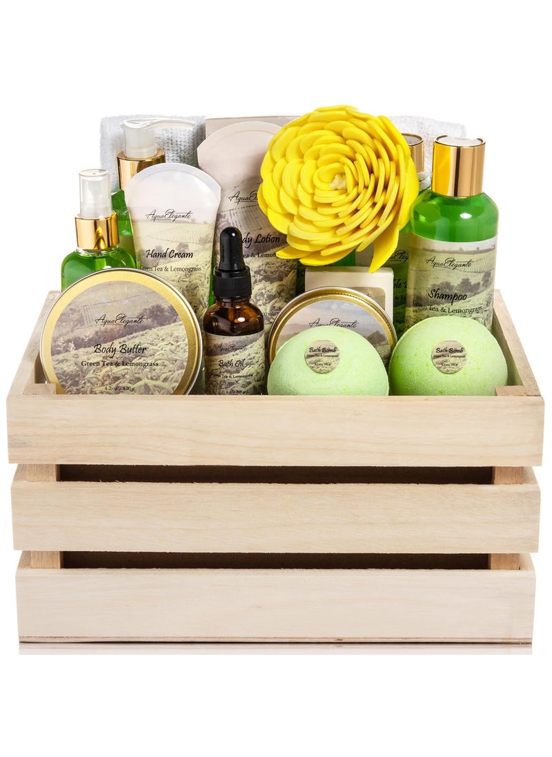 Aqua Elegante - Bath Spa Gift Sets - Luxury Basket With Green Tea & Lemongrass - Spa Kit Includes Wash, Bubble Bath, Lotion, Bath Salts, Body Scrub, Body Spray, Shower Puff, Bathbombs, Soap and Towel - Image 1