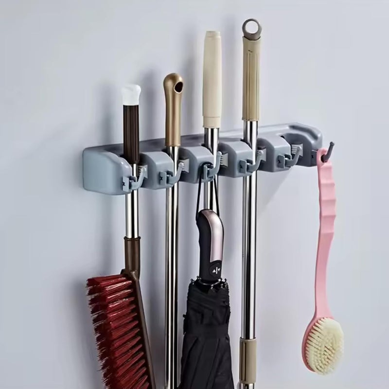 Kuber Industries Kuber Industries Mop Holder Wall Mount with 5 Position and 6 Hooks Color Grey Wallmlount HooksHJH05HKGRY - Image 1