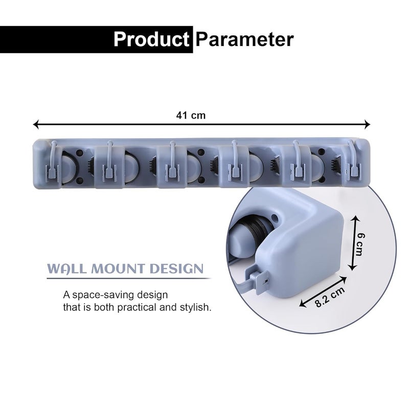 Kuber Industries Kuber Industries Mop Holder Wall Mount with 5 Position and 6 Hooks Color Grey Wallmlount HooksHJH05HKGRY - Image 3