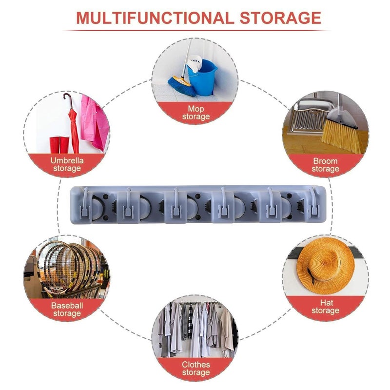 Kuber Industries Kuber Industries Mop Holder Wall Mount with 5 Position and 6 Hooks Color Grey Wallmlount HooksHJH05HKGRY - Image 4