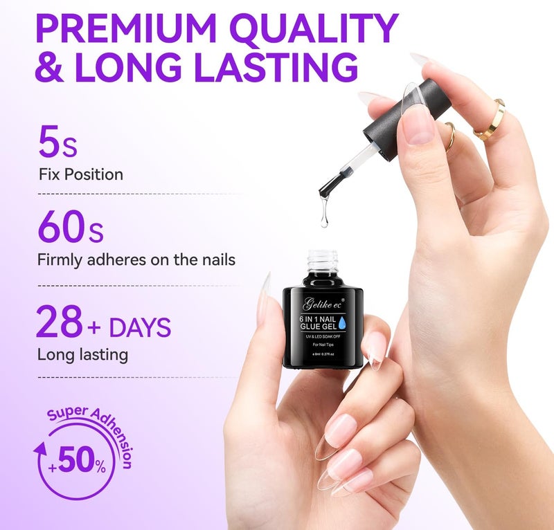 gelike ec 6 in 1 Gel Nail Glue for Clear Tips - Extra Strong Duo 2x8ml, Curing Under Lamp, Brush On for Broken and False Nails - Image 3