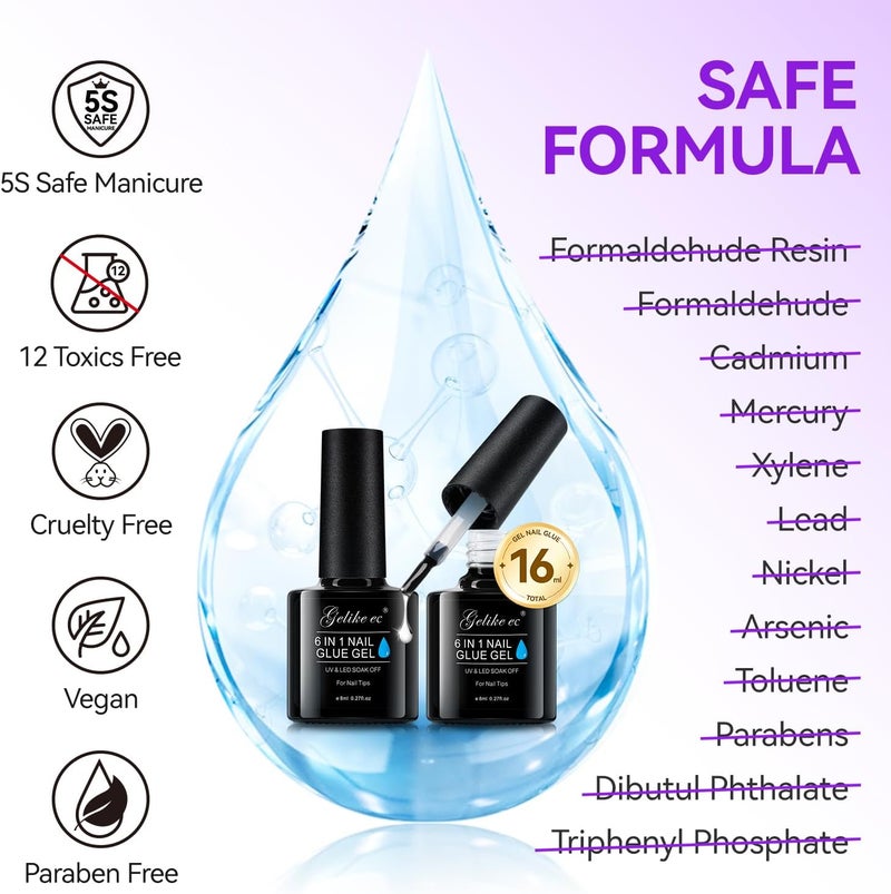 gelike ec 6 in 1 Gel Nail Glue for Clear Tips - Extra Strong Duo 2x8ml, Curing Under Lamp, Brush On for Broken and False Nails - Image 4