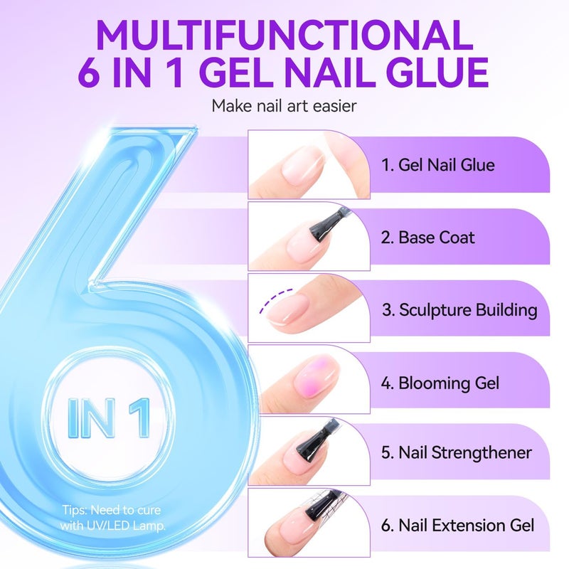 gelike ec 6 in 1 Gel Nail Glue for Clear Tips - Extra Strong Duo 2x8ml, Curing Under Lamp, Brush On for Broken and False Nails - Image 2