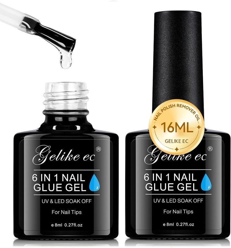gelike ec 6 in 1 Gel Nail Glue for Clear Tips - Extra Strong Duo 2x8ml, Curing Under Lamp, Brush On for Broken and False Nails - Image 1