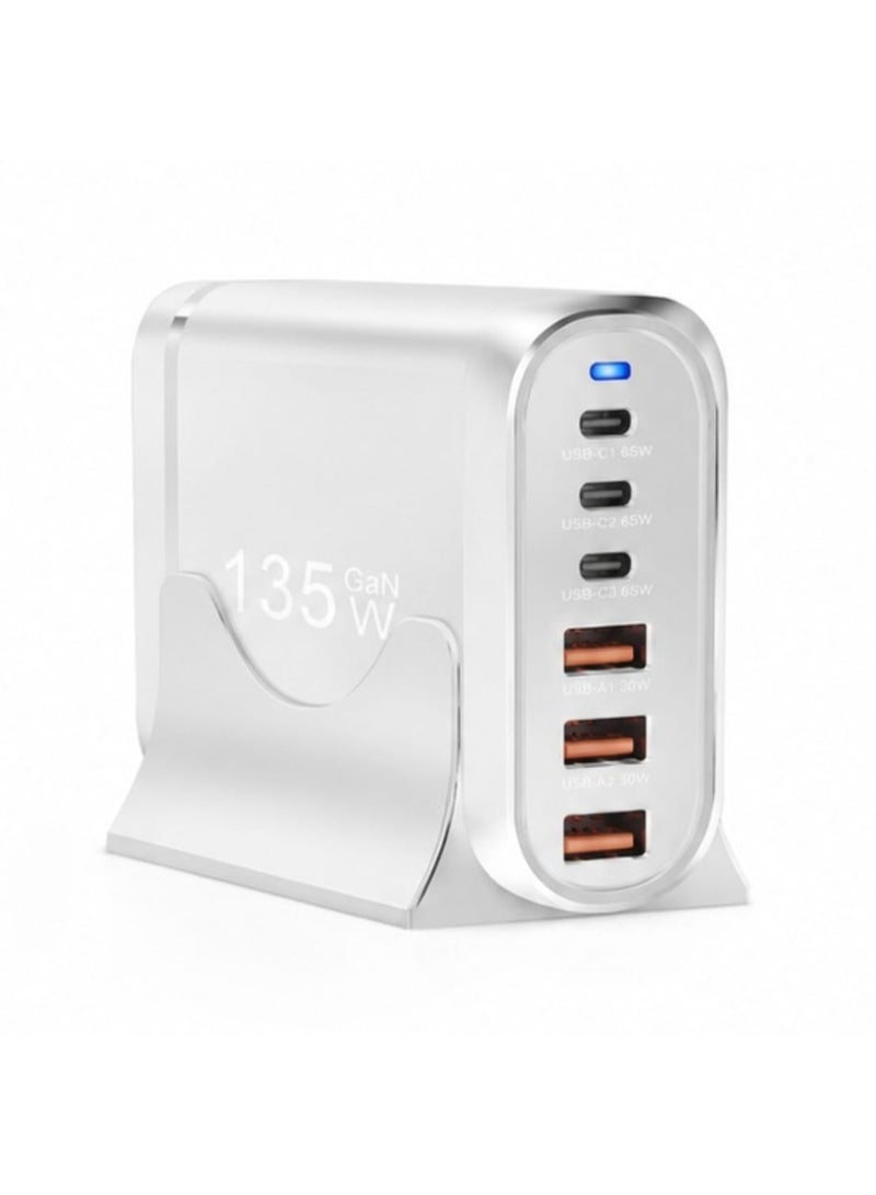 محطة شحن سريع 135 واط GaN USB-C، شاحن مكتبي بـ 6 منافذ مع 3 منافذ USB-C PD و 3 منافذ USB-A QC - Image 3