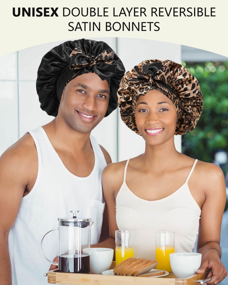 AWAYTR Satin Bonnet Silk Hair Wrap for Sleeping - Reversible Night Cap with Tie Band (Leopard + Black) - Image 2