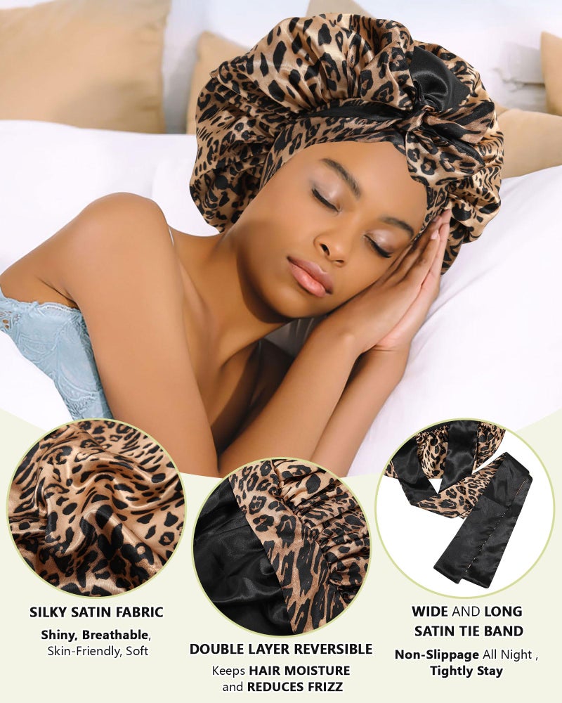 AWAYTR Satin Bonnet Silk Hair Wrap for Sleeping - Reversible Night Cap with Tie Band (Leopard + Black) - Image 4