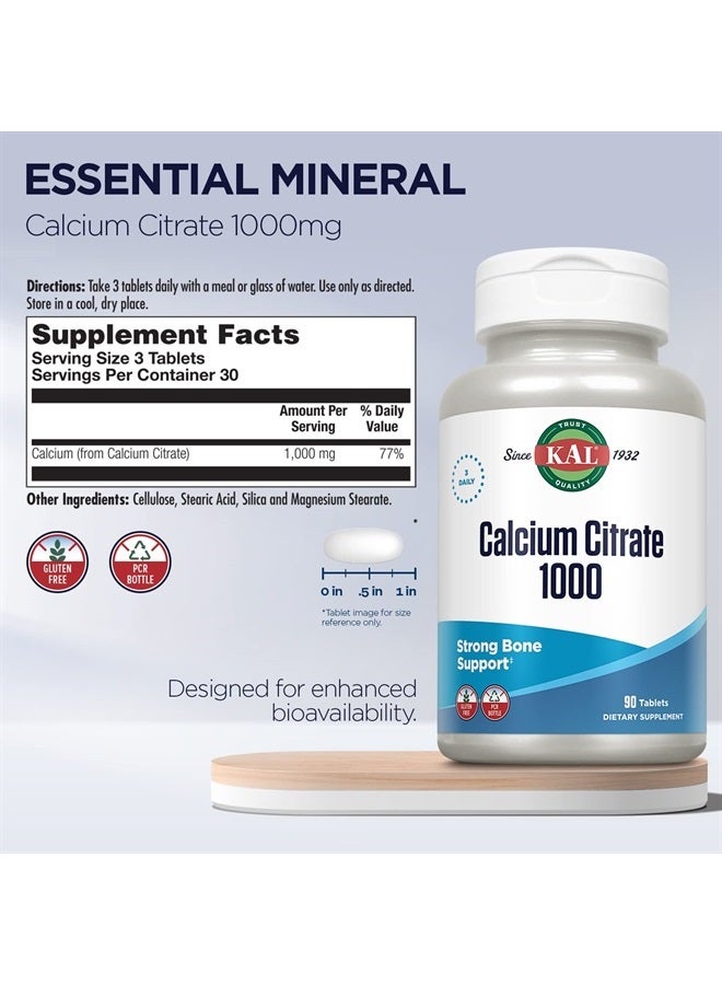 KAL Calcium Citrate 1000mg, High Potency Calcium Supplement for Bone Health, Strong Teeth, Nerve, Muscle and Heart Health Support, Gluten Free, 60 Day Money Back Guarantee, 30 Servings, 90 Tablets - Image 2