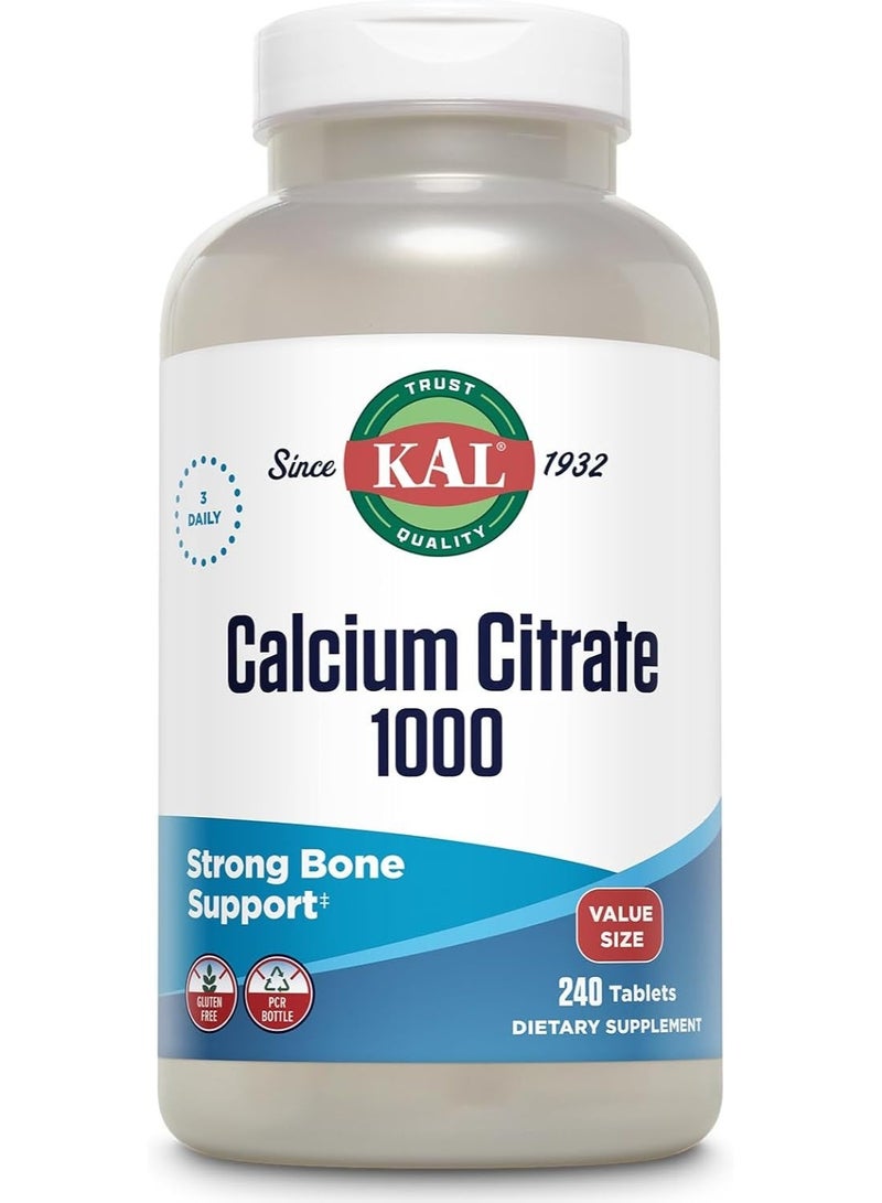 KAL Calcium Citrate 1000mg, Calcium Supplements for Women and Men, Bone Health, Teeth, Nervous, Muscular & Cardiovascular System Support, Gluten Free and Lab Verified, 80 Servings, 240 Tablets - Image 1