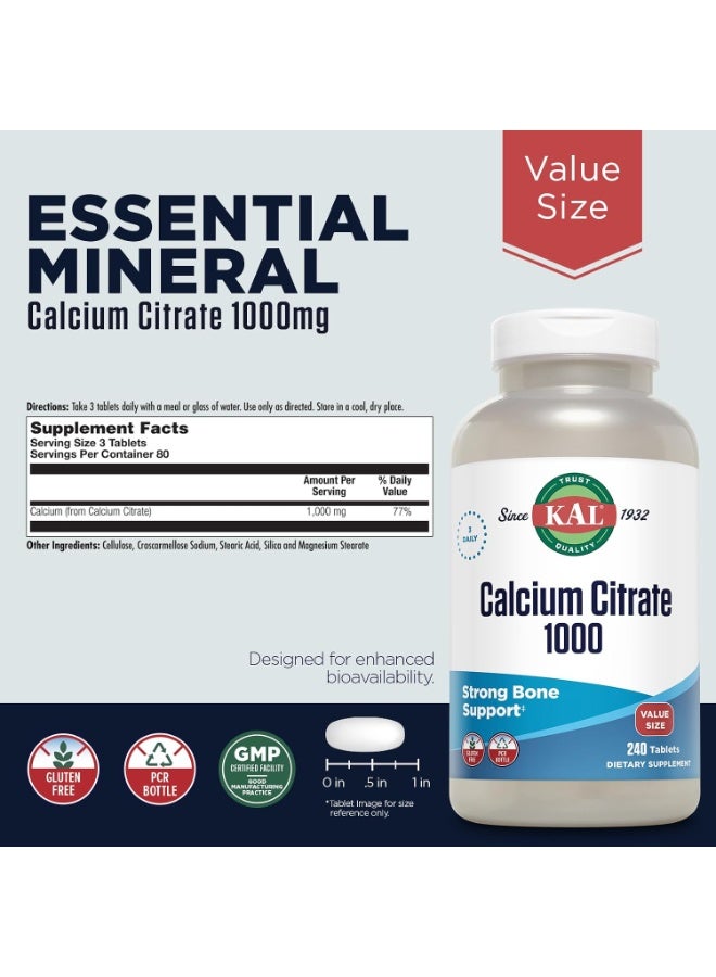 KAL Calcium Citrate 1000mg, Calcium Supplements for Women and Men, Bone Health, Teeth, Nervous, Muscular & Cardiovascular System Support, Gluten Free and Lab Verified, 80 Servings, 240 Tablets - Image 3