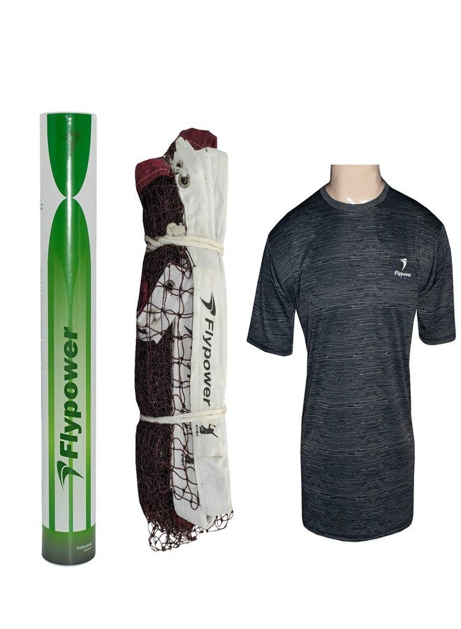 FLYPOWER Badminton Feather Shuttle Cock Green with NET 850 MEHROON and T-Shirt R-Neck Black Size 2XL - Image 1