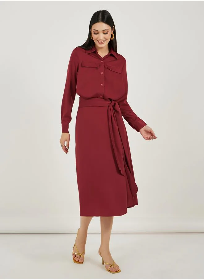 Styli Satin Shirt Midi Dress with Self Tie-Belt