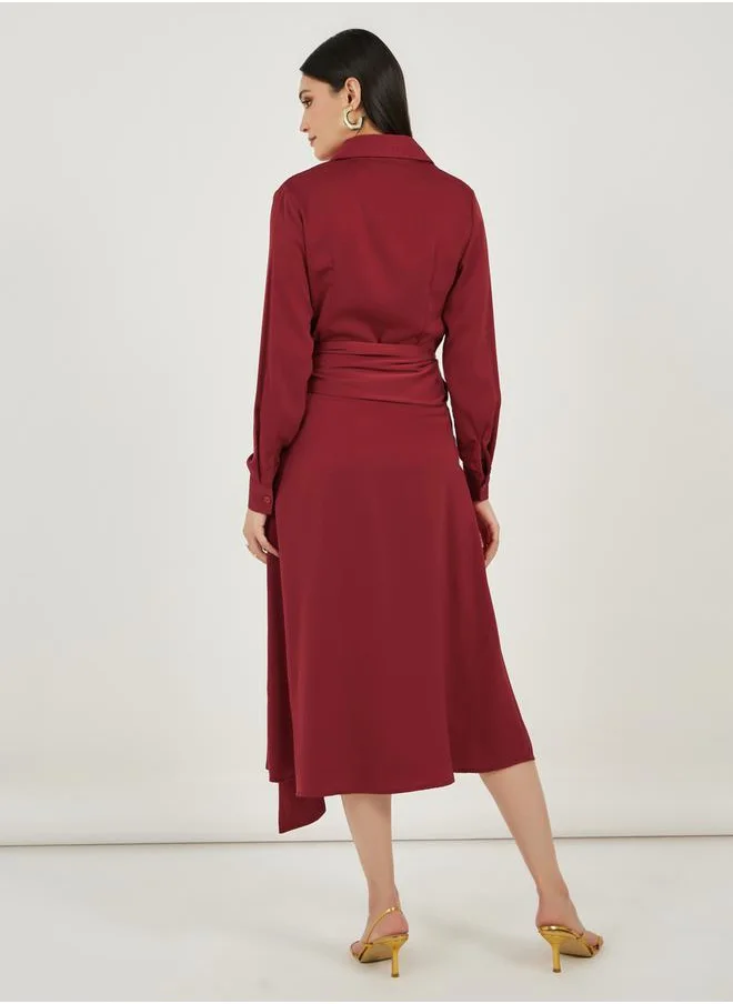 ستايلي Satin Shirt Midi Dress with Self Tie-Belt