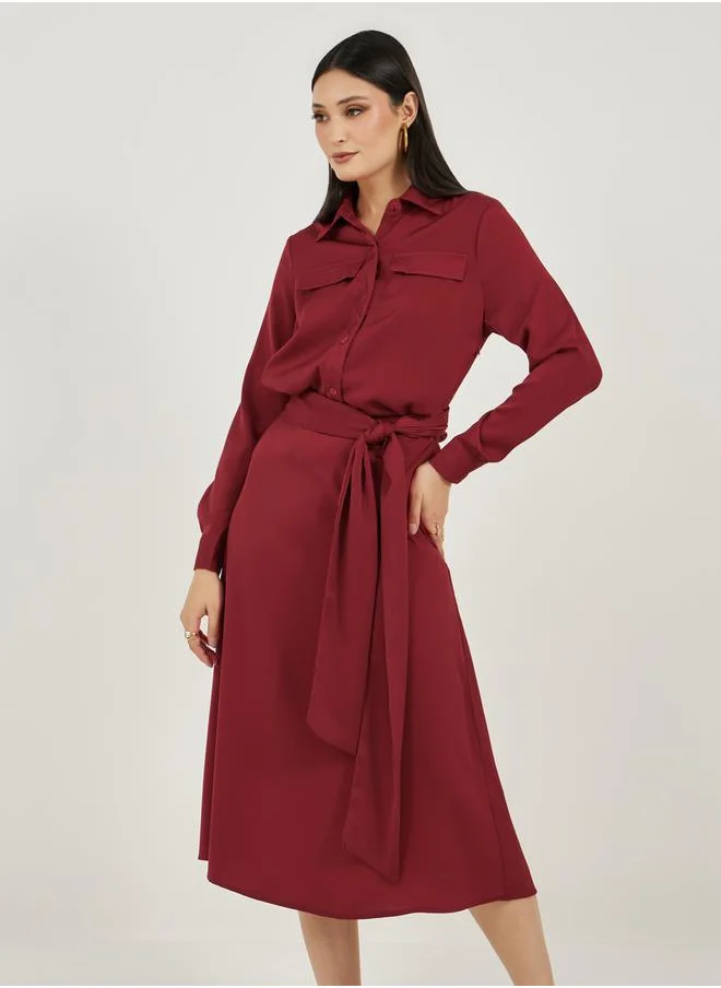 ستايلي Satin Shirt Midi Dress with Self Tie-Belt