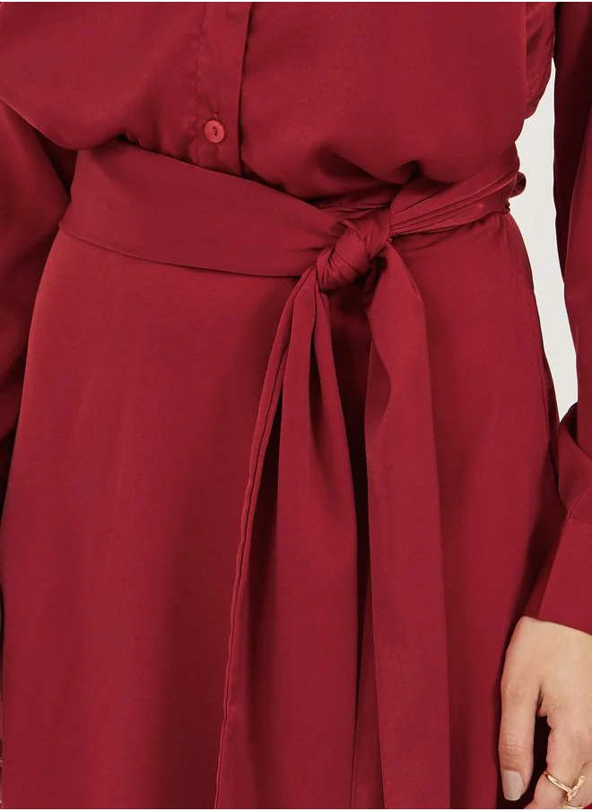 ستايلي Satin Shirt Midi Dress with Self Tie-Belt