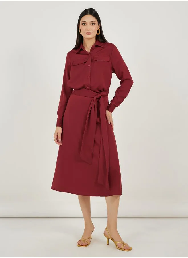 Styli Satin Shirt Midi Dress with Self Tie-Belt