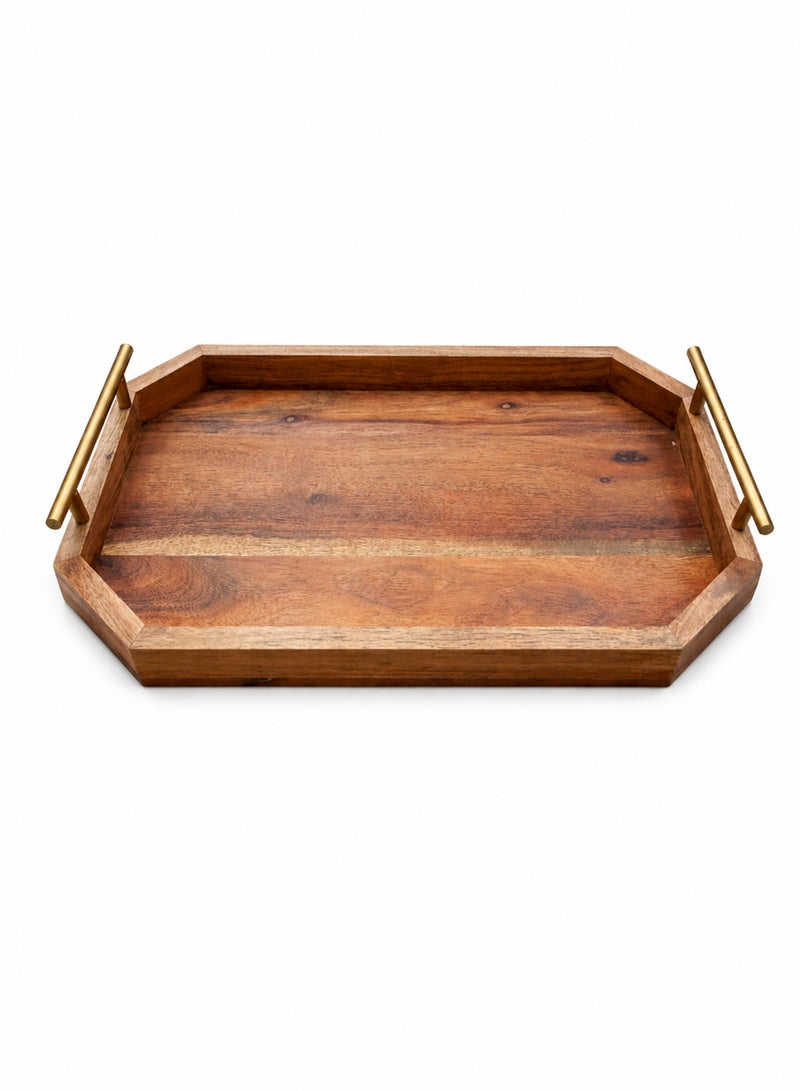 Aanya Homecraft Premium Rectangular Wood Serving Tray with Gold Metal Handles, Size: 37x20cm – Handcrafted Luxury Snack & Coffee Table Tray for Elegant Hosting, Natural & Gold - Image 1