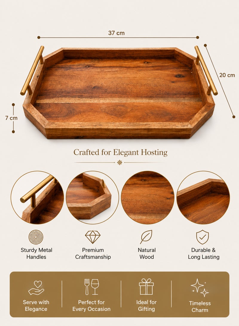 Aanya Homecraft Premium Rectangular Wood Serving Tray with Gold Metal Handles, Size: 37x20cm – Handcrafted Luxury Snack & Coffee Table Tray for Elegant Hosting, Natural & Gold - Image 4