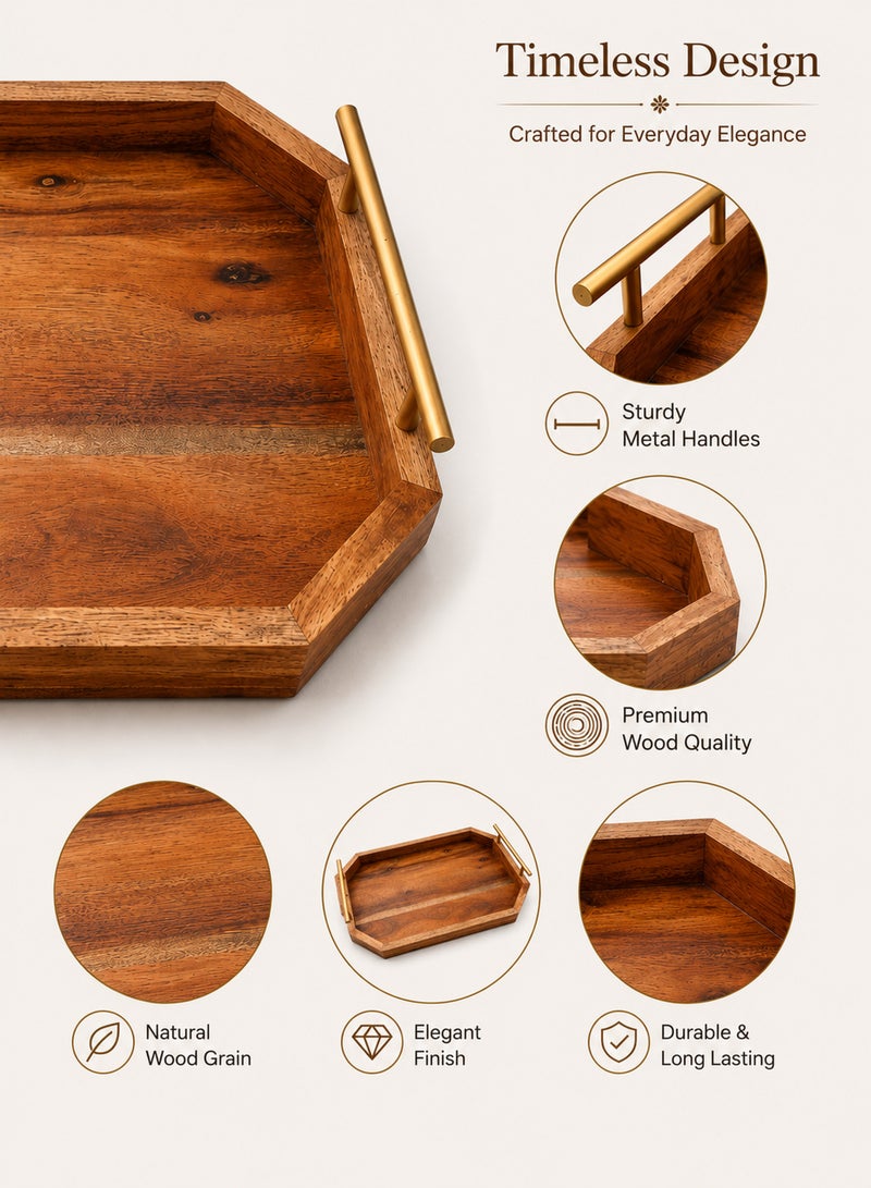 Aanya Homecraft Premium Rectangular Wood Serving Tray with Gold Metal Handles, Size: 37x20cm – Handcrafted Luxury Snack & Coffee Table Tray for Elegant Hosting, Natural & Gold - Image 3