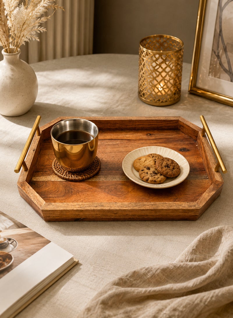 Aanya Homecraft Premium Rectangular Wood Serving Tray with Gold Metal Handles, Size: 37x20cm – Handcrafted Luxury Snack & Coffee Table Tray for Elegant Hosting, Natural & Gold - Image 2