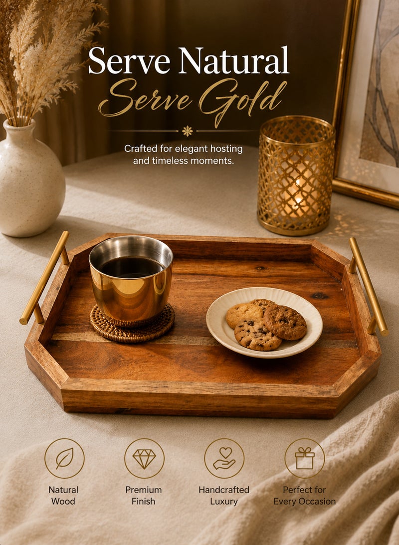 Aanya Homecraft Premium Rectangular Wood Serving Tray with Gold Metal Handles, Size: 37x20cm – Handcrafted Luxury Snack & Coffee Table Tray for Elegant Hosting, Natural & Gold - Image 5