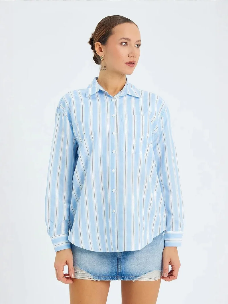 MixRay Mixray Loose Fit Striped Poplin Shirt with Button Closure