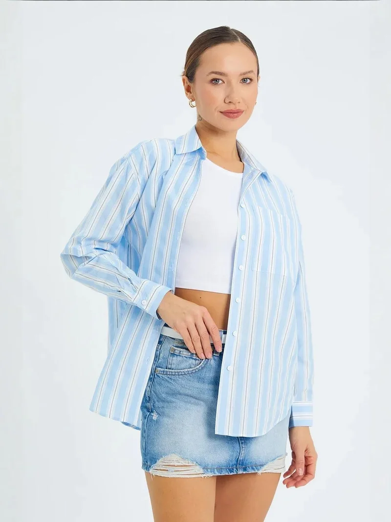 MixRay Mixray Loose Fit Striped Poplin Shirt with Button Closure