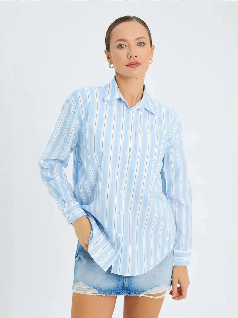 Mixray Maya Blue Mixray Loose Fit Striped Poplin Shirt with Button Closure for Women | Best Price UAE
