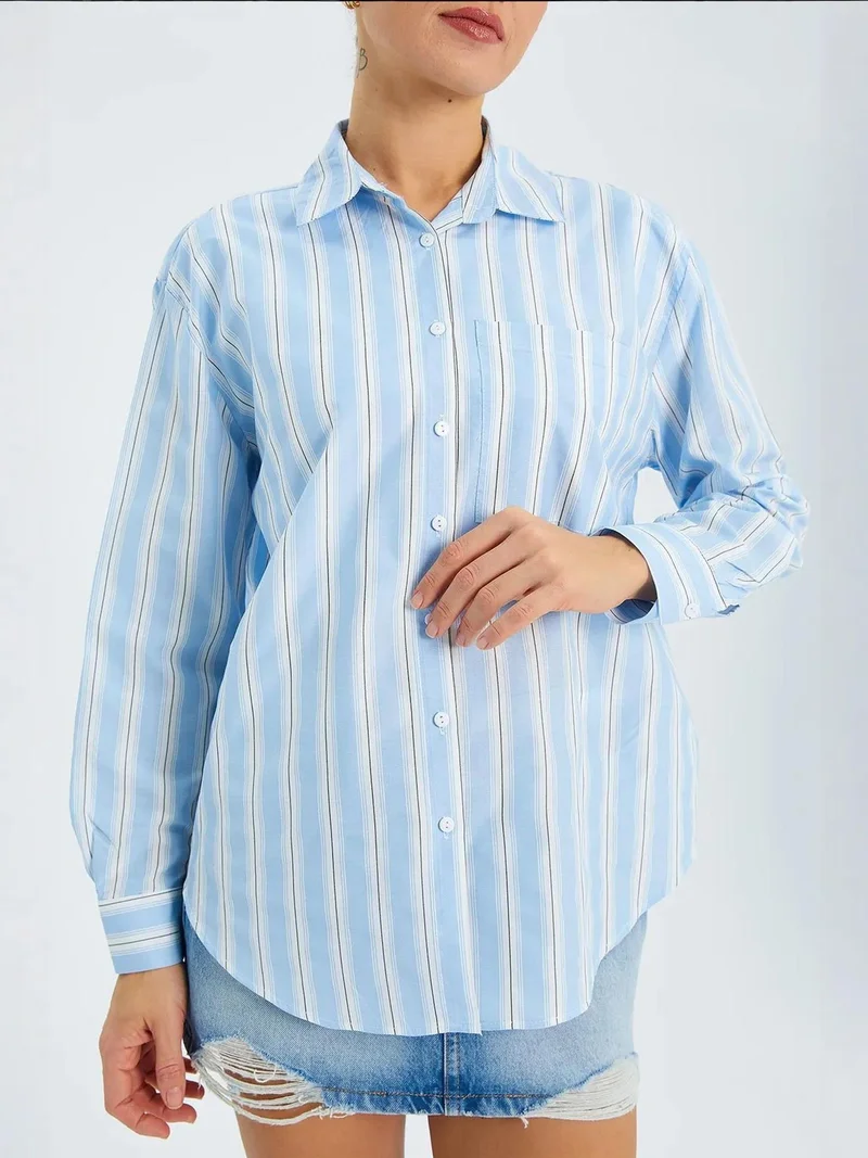 Mixray Maya Blue Mixray Loose Fit Striped Poplin Shirt with Button Closure for Women | Best Price UAE