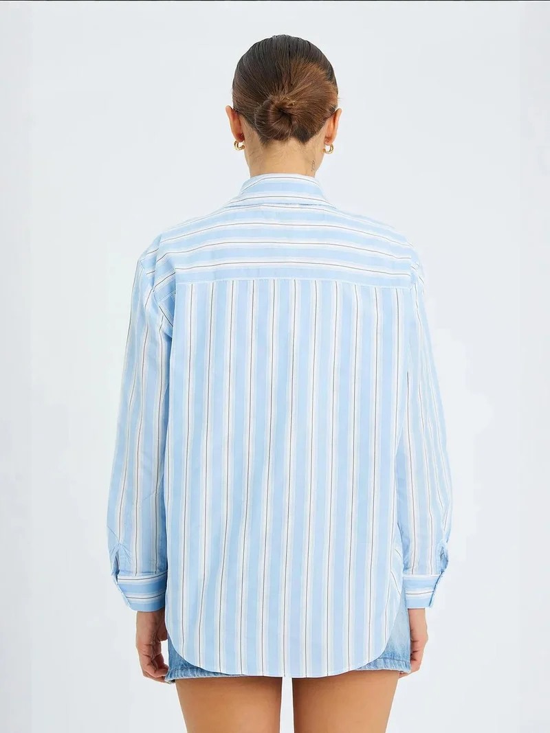 Mixray Maya Blue Mixray Loose Fit Striped Poplin Shirt with Button Closure for Women | Best Price UAE
