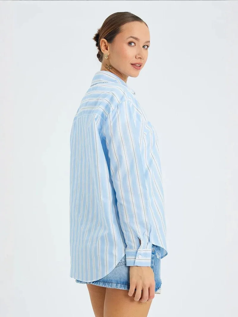 Mixray Maya Blue Mixray Loose Fit Striped Poplin Shirt with Button Closure for Women | Best Price UAE