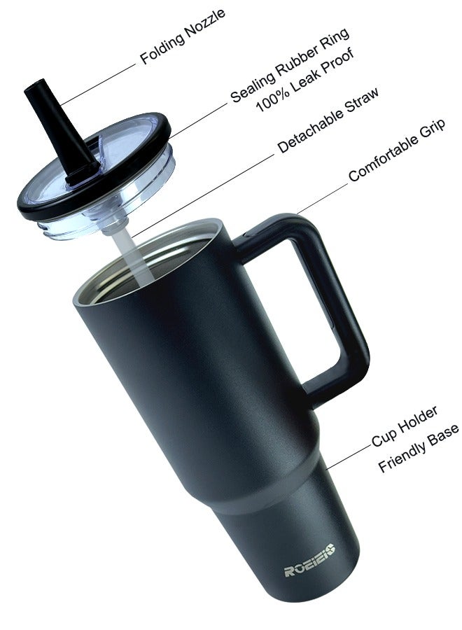ROEIEIS 40 oz Tumbler with Handle & Simple Flip Straw - Car Cup Holder Friendly, Leak Resistant Water Bottle-Reusable Insulated Stainless Steel & Rubber Base - Gifts for Women & Men - Image 2