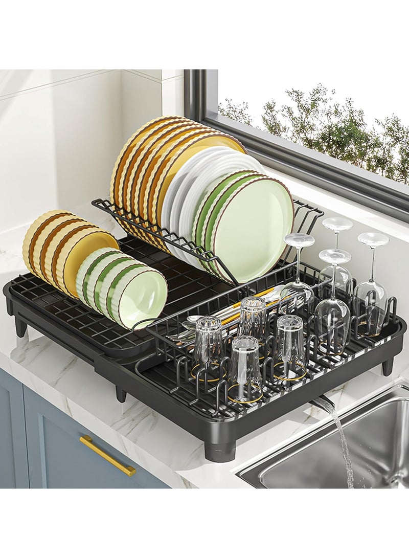 بيوينتي حامل تجفيف أطباق كبير الحجم بدون تركيب حامل أطباق معدني ثنائي الطبقات لطاولة المطبخ مع لوح تصريف - Image 1