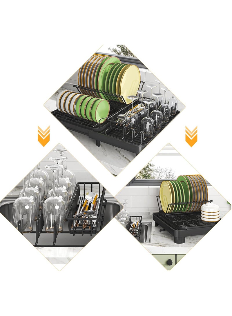 بيوينتي حامل تجفيف أطباق كبير الحجم بدون تركيب حامل أطباق معدني ثنائي الطبقات لطاولة المطبخ مع لوح تصريف - Image 4