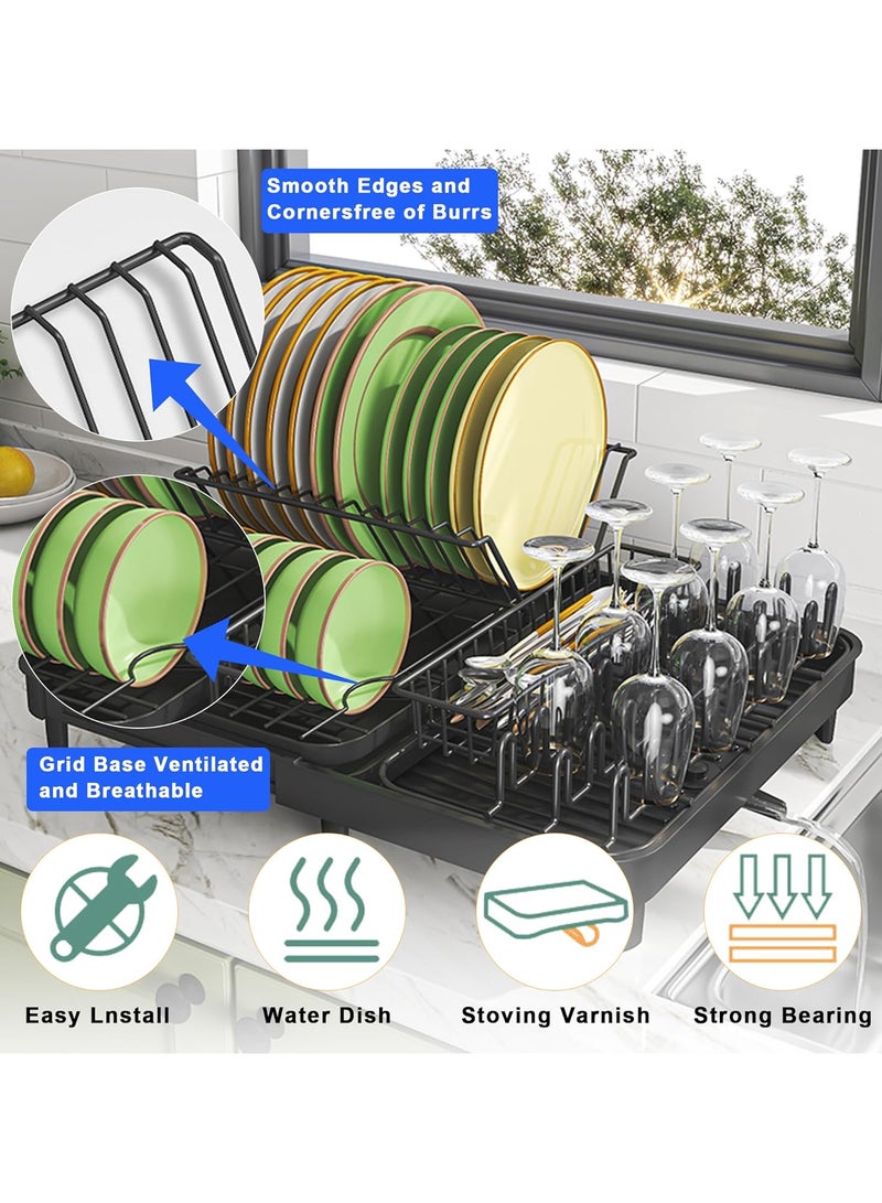 بيوينتي حامل تجفيف أطباق كبير الحجم بدون تركيب حامل أطباق معدني ثنائي الطبقات لطاولة المطبخ مع لوح تصريف - Image 5