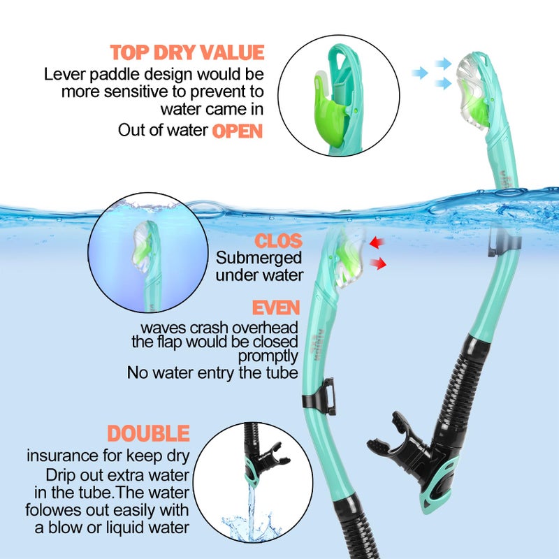 EXP VISION Snorkel Set Pano 3 Window Adult Snorkeling Gear, Professional Anti-Fog Snorkel Diving Mask, Anti-Leak Swim Goggles and Dry Top Snorkel for Scuba Diving, Snorkeling, Swimming (Aqua) - Image 3
