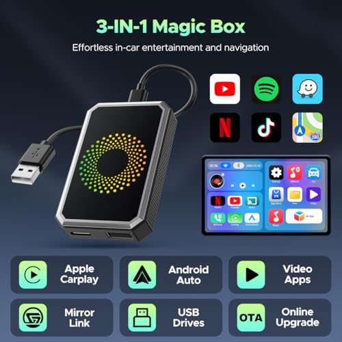 LAMTTO 3-in-1 Magic Video Box for Streaming Netflix/YouTube/TikTok, Wireless Carplay Adapter Dongle with USB Drive and HDMI Output for OEM Wired Apple Car Play and Android Auto Cars - Image 2