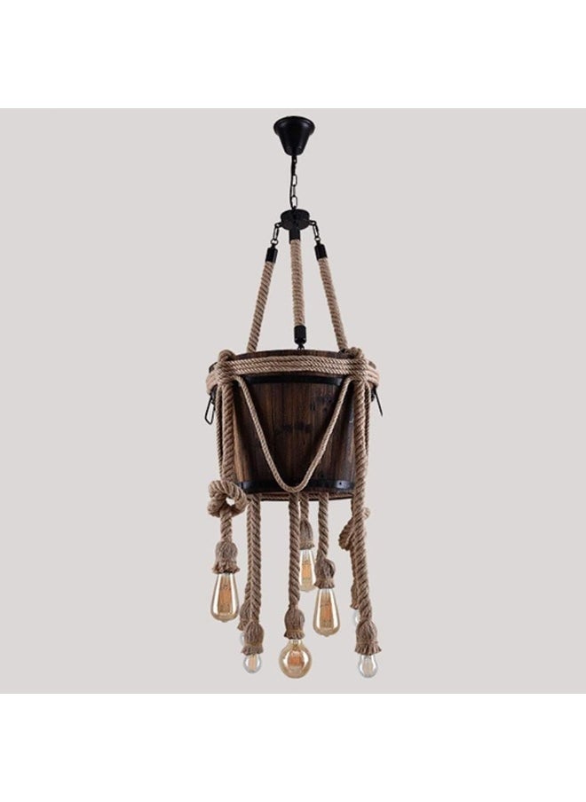 Generic Chandelier Vintage Industrial Hemp Rope Lamp Hanging Light Wood Black Dining Table Bedroom Pendant Lamp E27 * 8 Lights Adjustable Height Creative Wooden Barrel Design Decoration  - Image 1