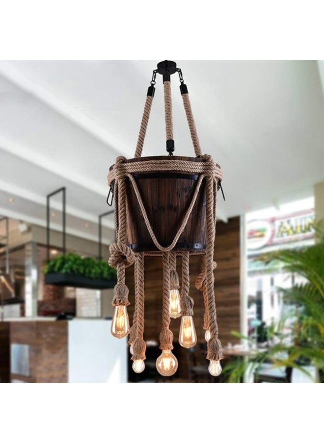 Generic Chandelier Vintage Industrial Hemp Rope Lamp Hanging Light Wood Black Dining Table Bedroom Pendant Lamp E27 * 8 Lights Adjustable Height Creative Wooden Barrel Design Decoration  - Image 3