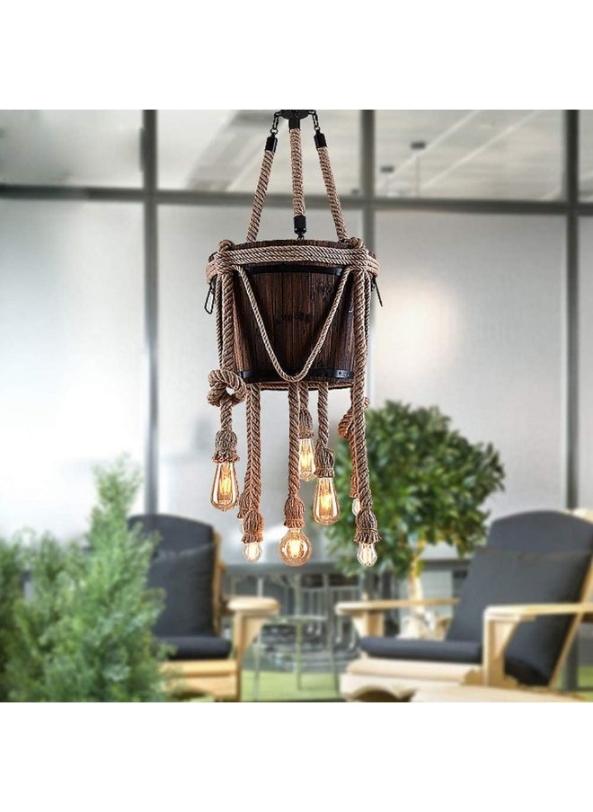 Generic Chandelier Vintage Industrial Hemp Rope Lamp Hanging Light Wood Black Dining Table Bedroom Pendant Lamp E27 * 8 Lights Adjustable Height Creative Wooden Barrel Design Decoration  - Image 5